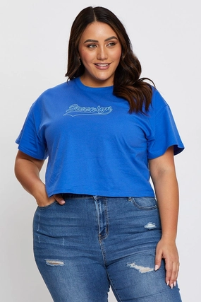 warm weather casual outing Mid Blue Graphic T-shirt Brooklyn Crew Neck Short Sleeve