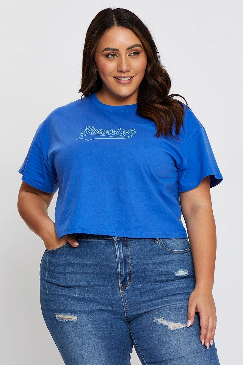 warm weather casual outing Mid Blue Graphic T-shirt Brooklyn Crew Neck Short Sleeve