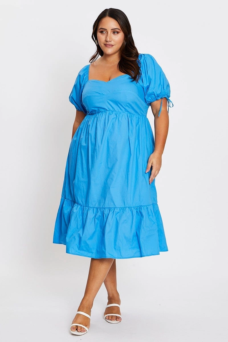 Comfortable Waist Skin Touch Mid Blue Short Puff Sleeve Blue Bust Detail Dress