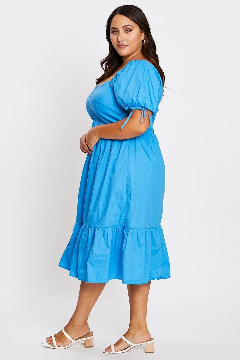Effortless Mood Soft Movement Mid Blue Short Puff Sleeve Blue Bust Detail Dress