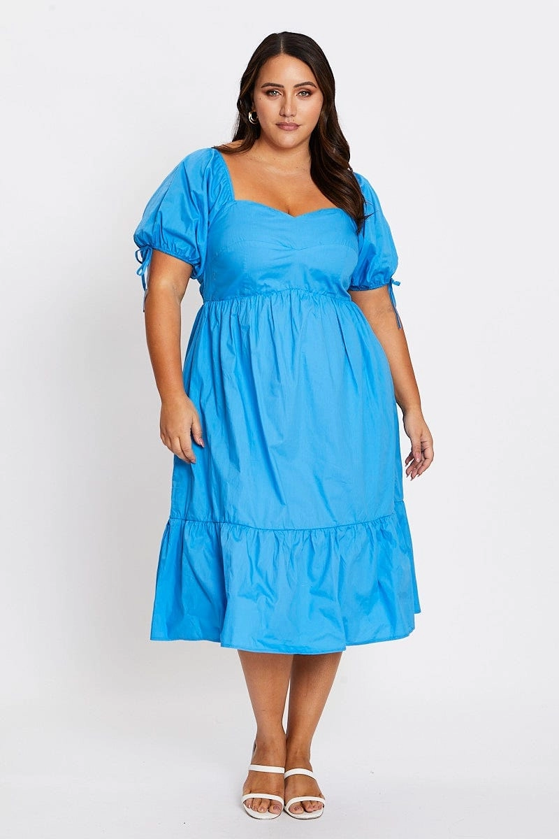 Contemporary Waist Mid Blue Short Puff Sleeve Blue Bust Detail Dress