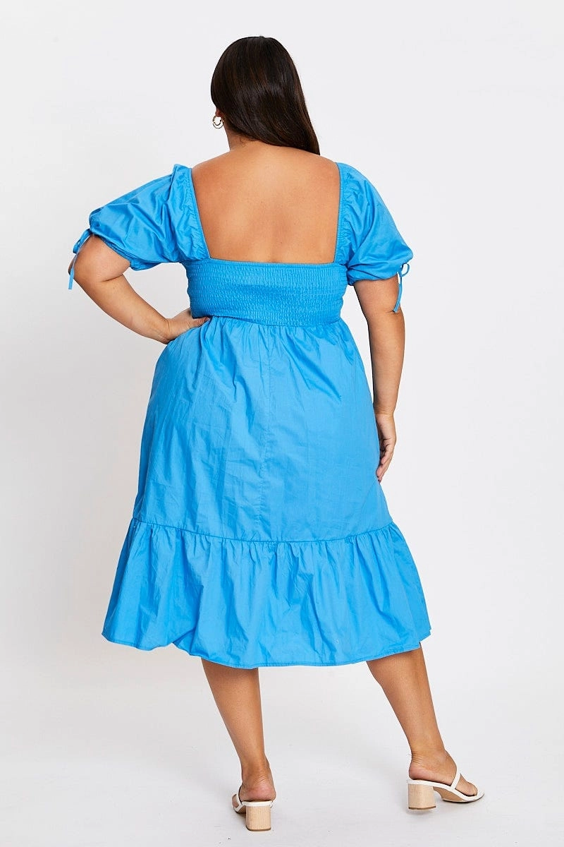 Mid Blue Short Puff Sleeve Blue Bust Detail Dress Emerging-Brand