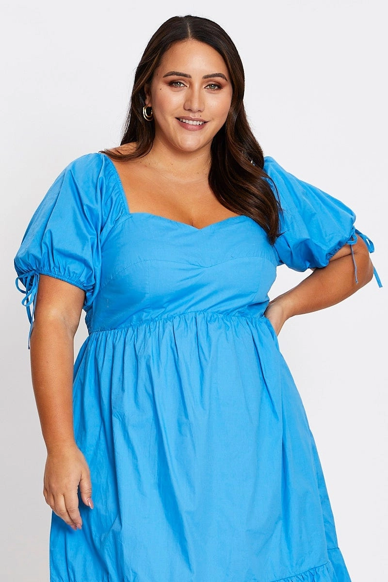 Mid Blue Short Puff Sleeve Blue Bust Detail Dress Subtle pattern Seasonal Fit