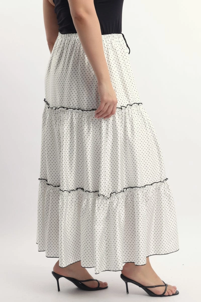 Travel Influence Soft Mood White Polka Dot Tier Contrast Tie Maxi Skirt