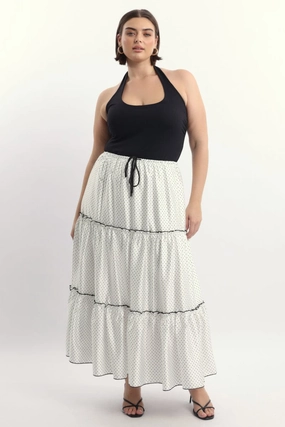 gentle style White Polka Dot Tier Contrast Tie Maxi Skirt