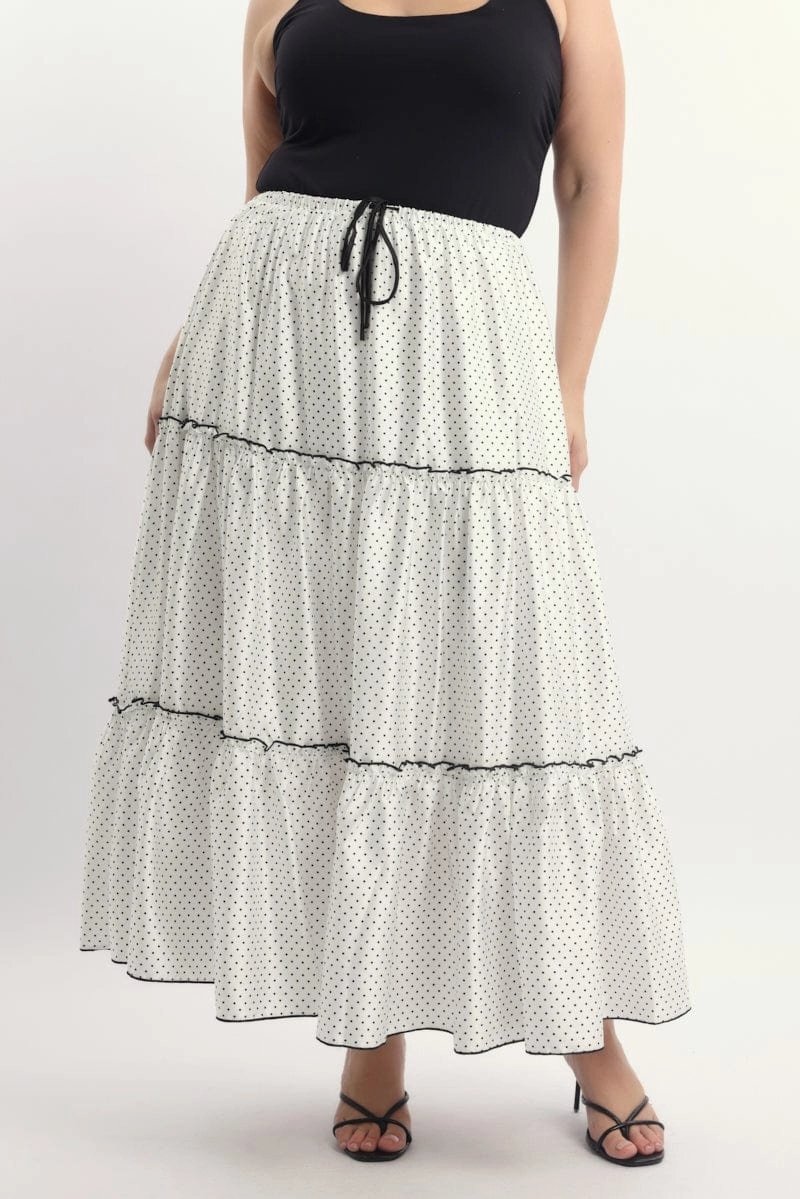 Soft Motion Asymmetrical Cut White Polka Dot Tier Contrast Tie Maxi Skirt