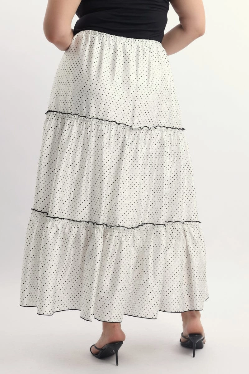 Subtle Shimmer White Polka Dot Tier Contrast Tie Maxi Skirt