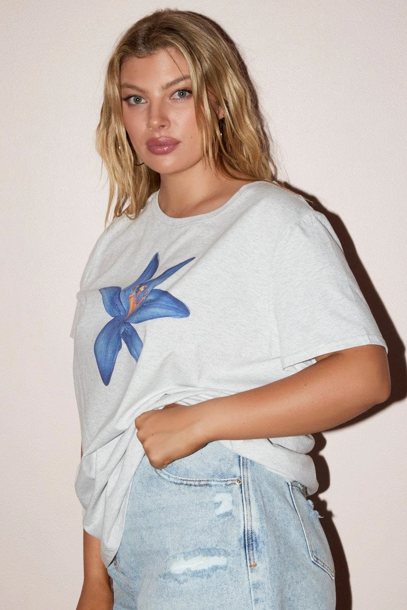 Grey Graphic T Shirt Short Sleeve Crew Neck Weekend Comfort Wear Sporty Fashion