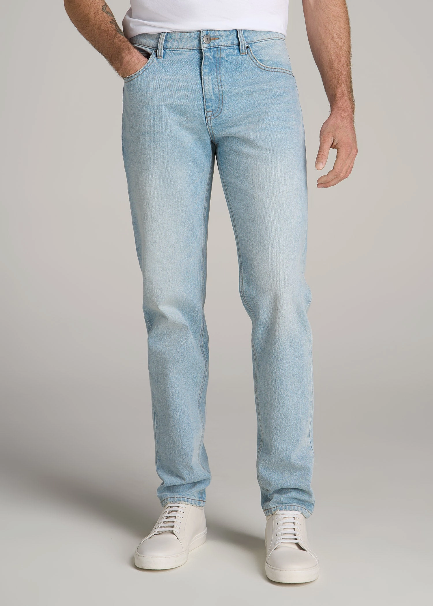 Stylish Casual Evening Stroll Premium Cotton Blend Milo RELAXED TAPERED FIT Jeans for Tall Men in Salt Lake Wash