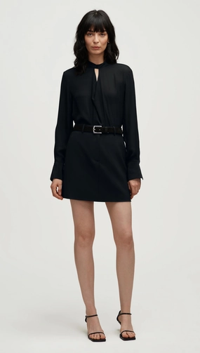Mini Tailored Skirt in Seasonless Wool | Black Biodegradable Fabric Flat Lay Collar