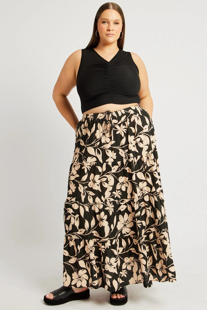 Black Floral Elastic Waist Tiered Maxi Skirt Sophisticated Casual Mix Culture