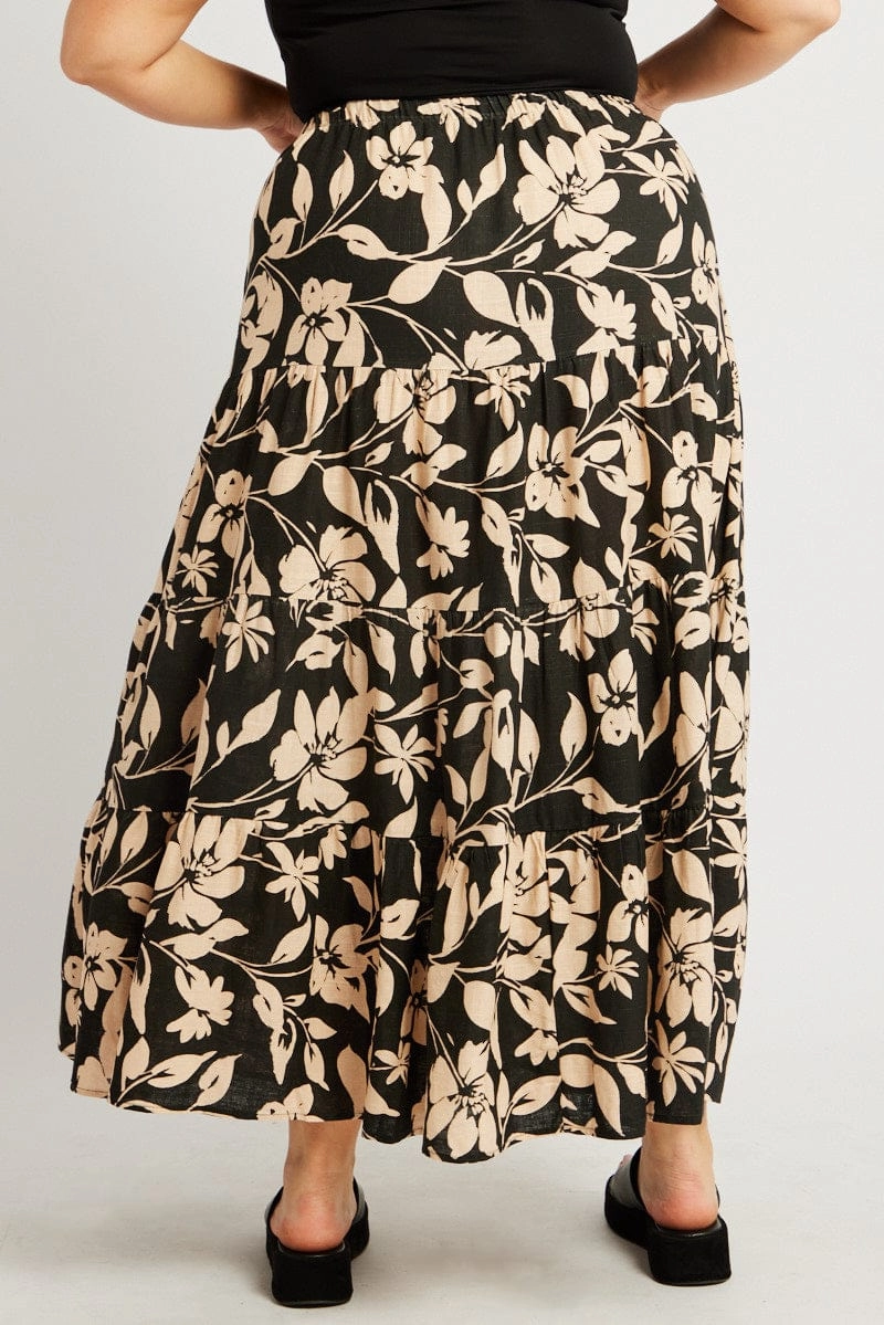 Outfit Shot Black Floral Elastic Waist Tiered Maxi Skirt