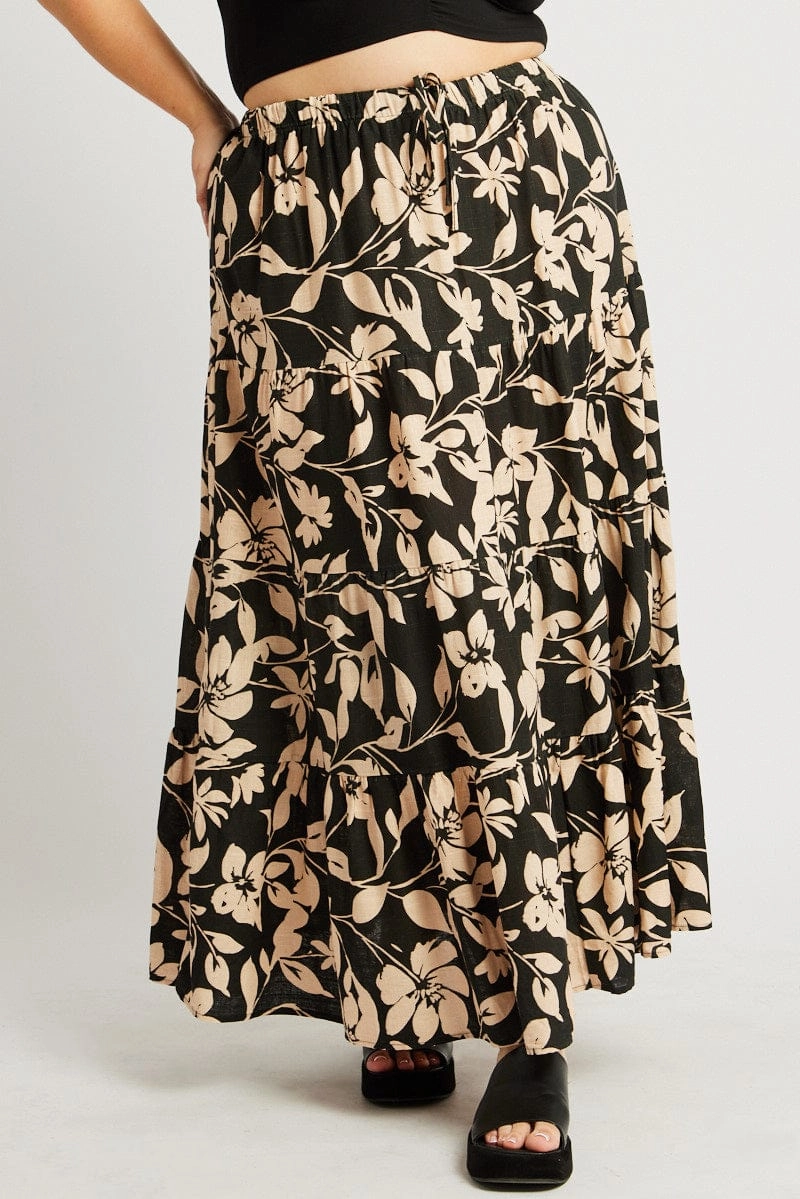 Polished Fit Breathable Material Black Floral Elastic Waist Tiered Maxi Skirt