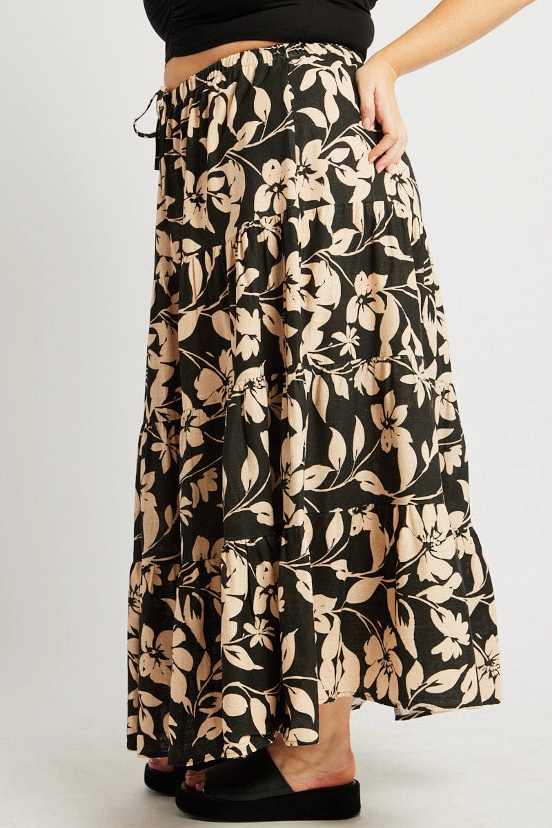 Black Floral Elastic Waist Tiered Maxi Skirt Water Resistant Neat Mood