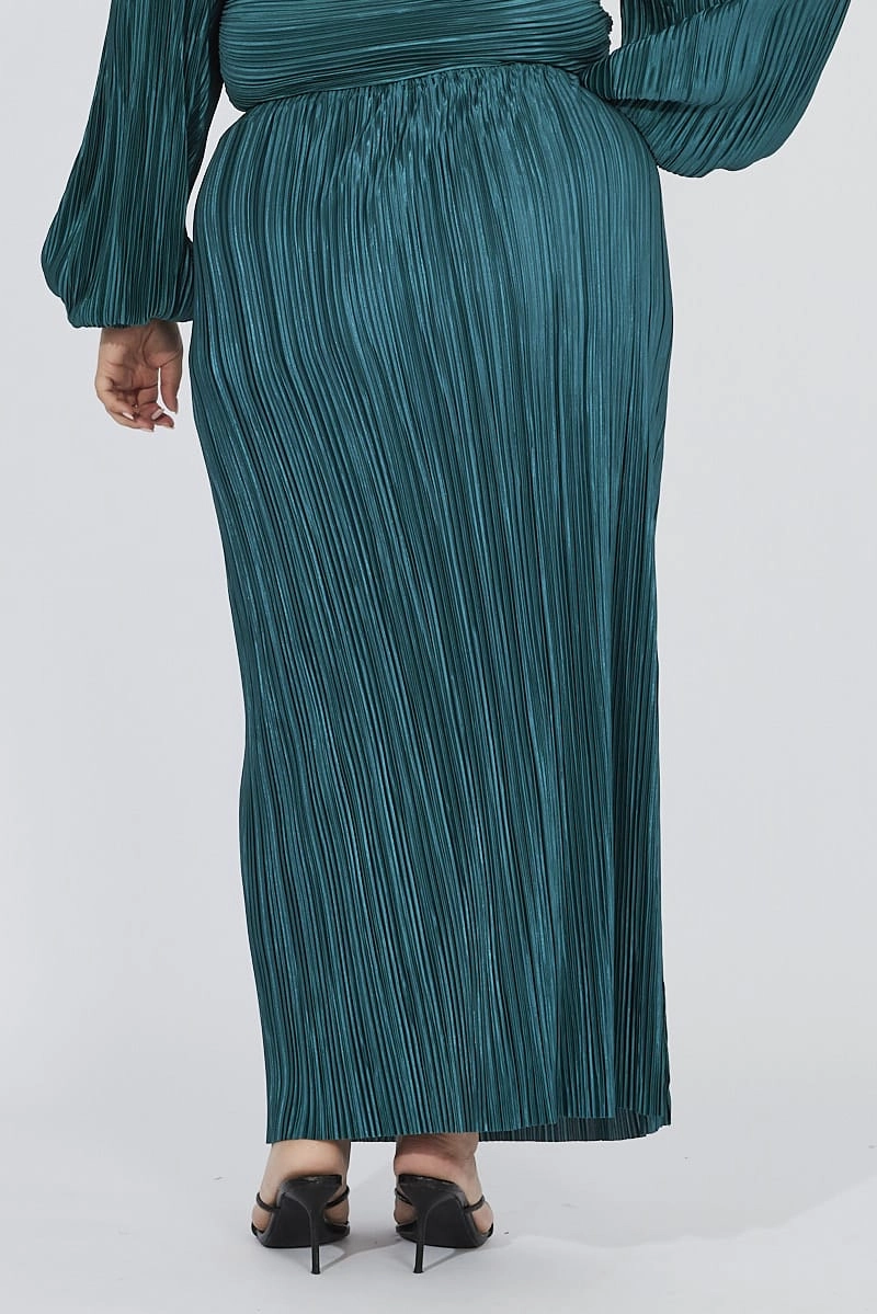 Flat Lay Collar Water Resistant Green Midi Skirt Side Split Plisse