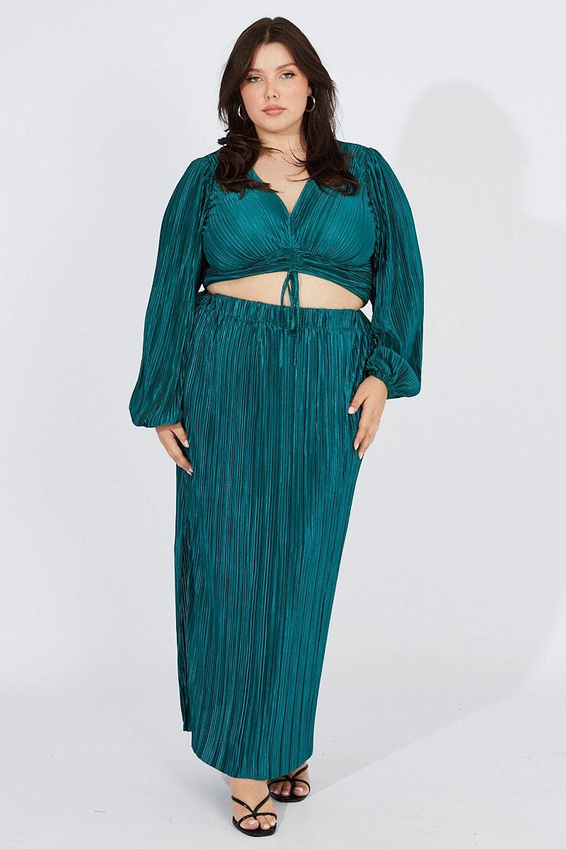 Chill Mood Fashion Combo Green Midi Skirt Side Split Plisse