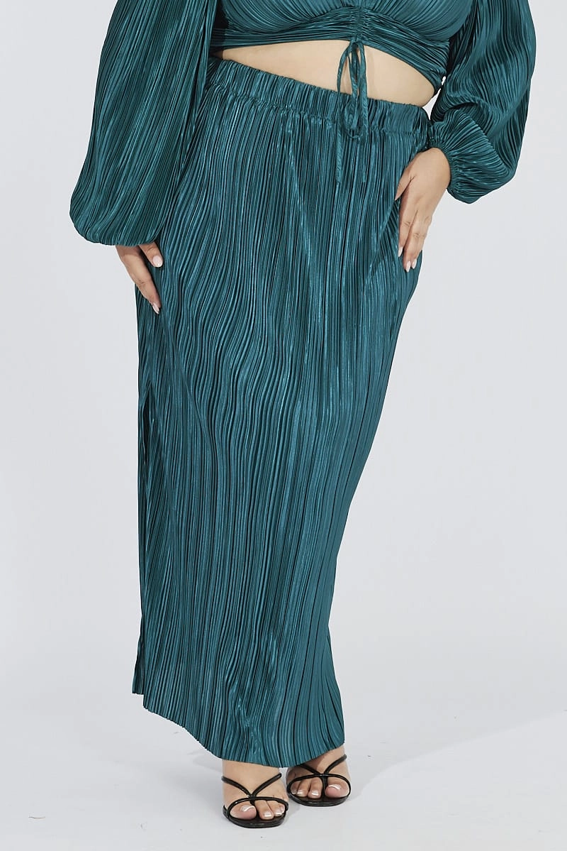 Green Midi Skirt Side Split Plisse Soft Combo Smooth Feel