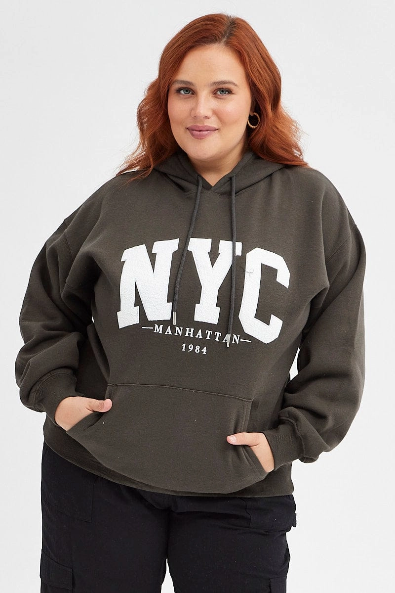 Grey Hoodie Sweatshirt Pocket Nyc Embroidered Oversized twill Breathable