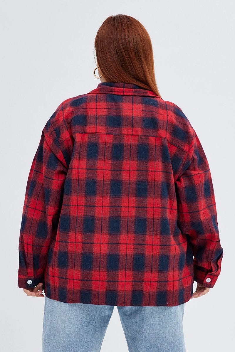 Red Check Relaxed Shirt Long Sleeve Bamboo Fiber Blend Modern Look