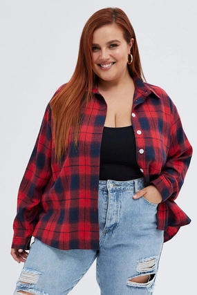 Anti Static Fabric Red Check Relaxed Shirt Long Sleeve