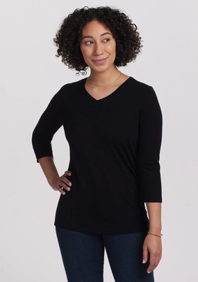 Elena 3/4 Sleeve V Neck - Black Thermoregulating Fabric Comfortable Wear