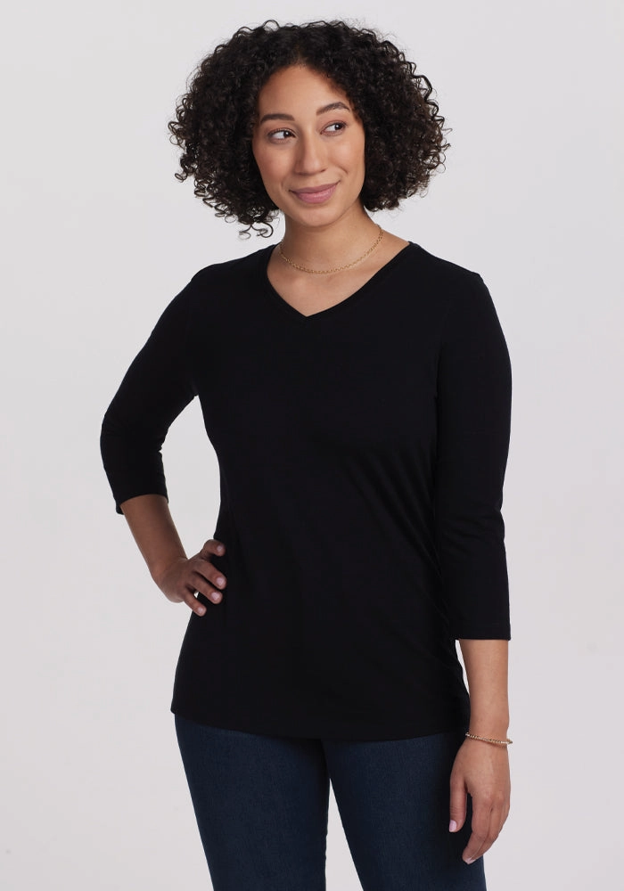Elena 3/4 Sleeve V Neck - Black Roomy Waistband Outdoor Comfort Style