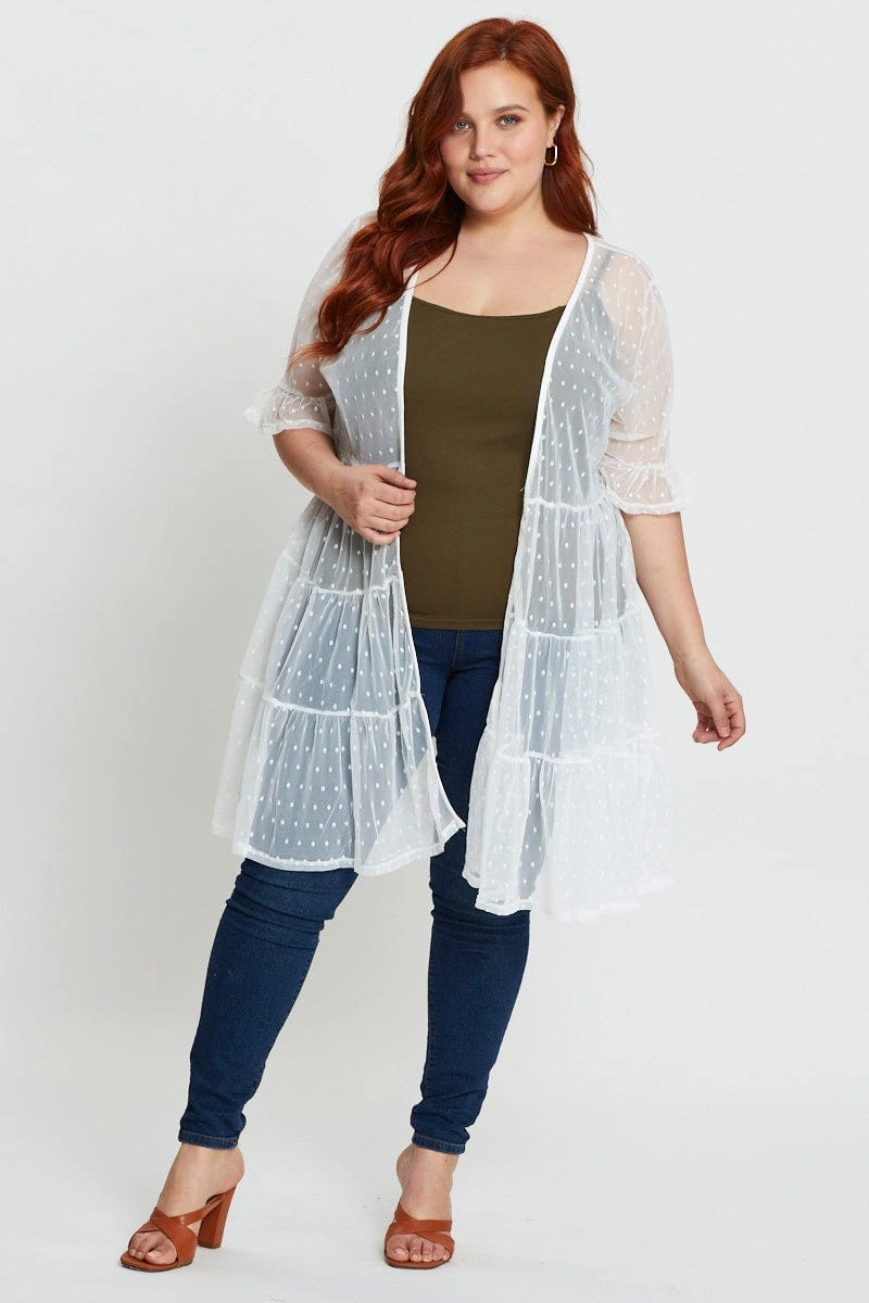 White Longline Cardigan Short Sleeve Mesh Expandable Side Gussets Many Pockets
