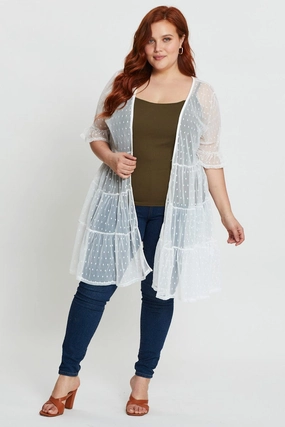 White Longline Cardigan Short Sleeve Mesh Expandable Side Gussets Many Pockets