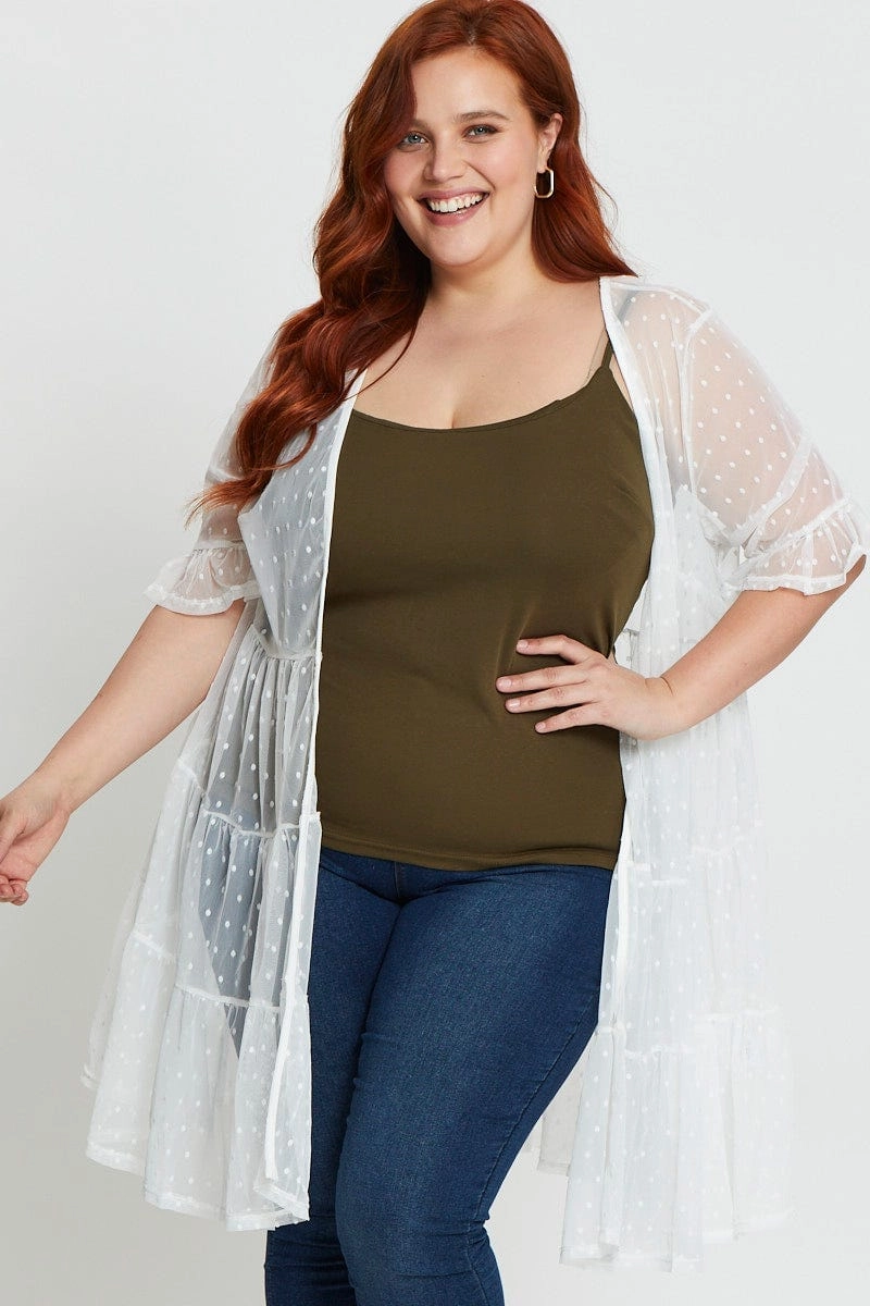 White Longline Cardigan Short Sleeve Mesh TapedSeamConstruction QuickAccessPockets
