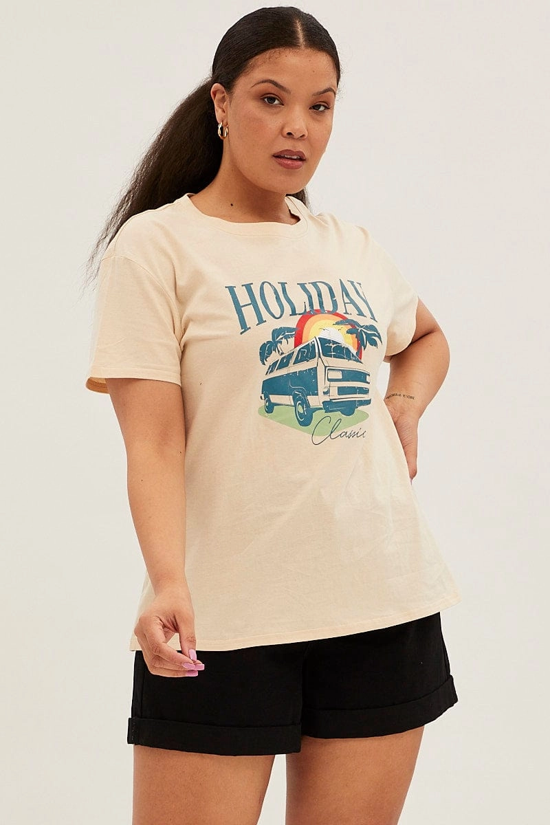 Beige Short Sleeve Holiday Regular T-shirt Cozy Waistband Light Fit Wear