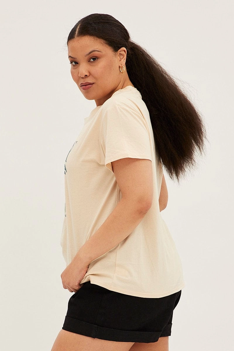 Beige Short Sleeve Holiday Regular T-shirt Seasonal Casual