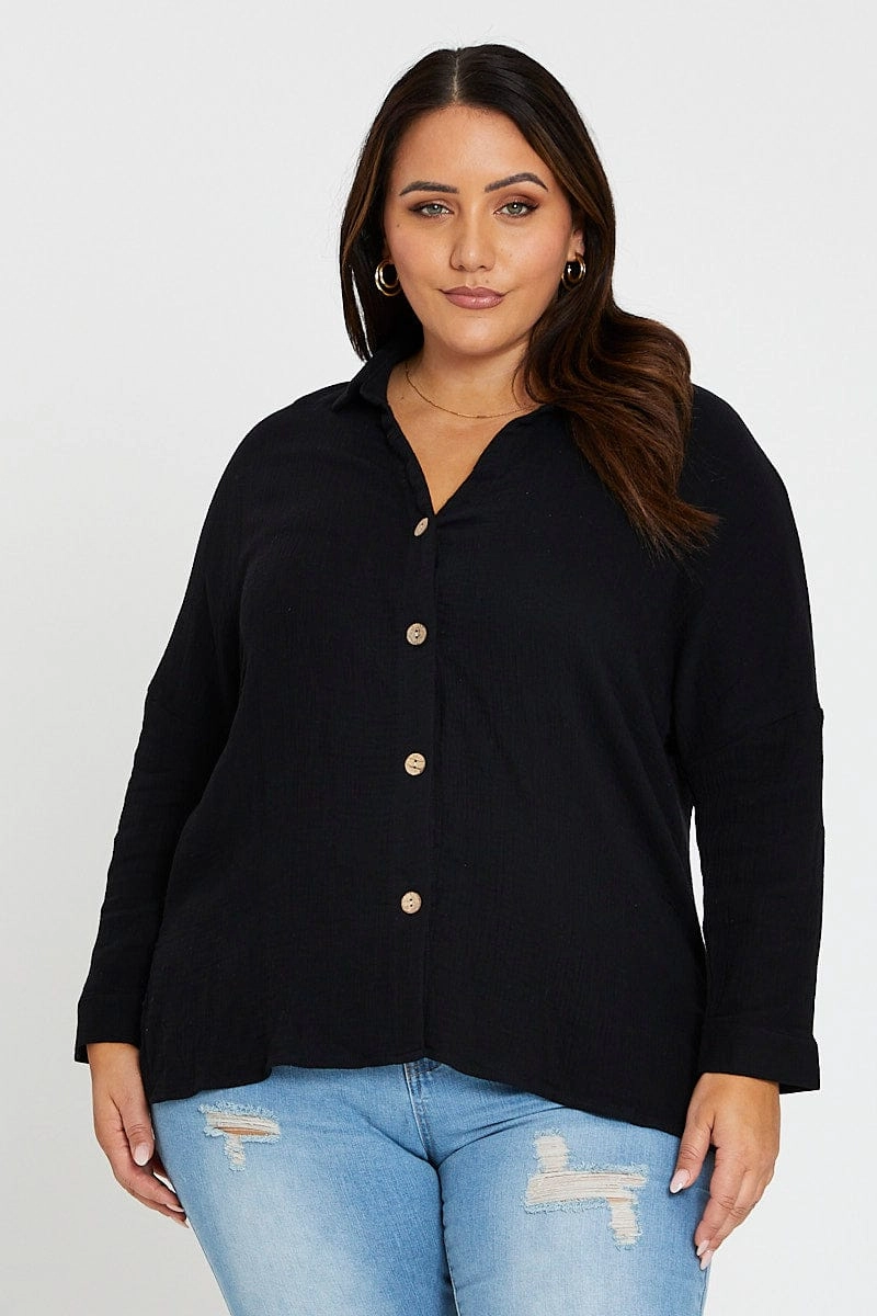 Black Long Sleeve White Cotton Crush Shirt Active Design Fashionable Layer