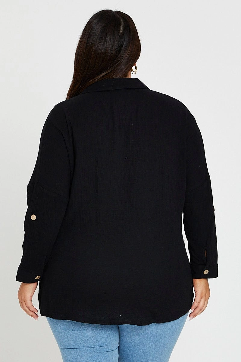 Sustainable Weave Black Long Sleeve White Cotton Crush Shirt