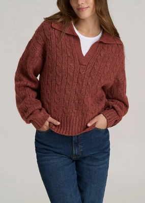 Johnny Collar Cable Knit Sweater for Tall Women in Intense Rust Casual Style fit test