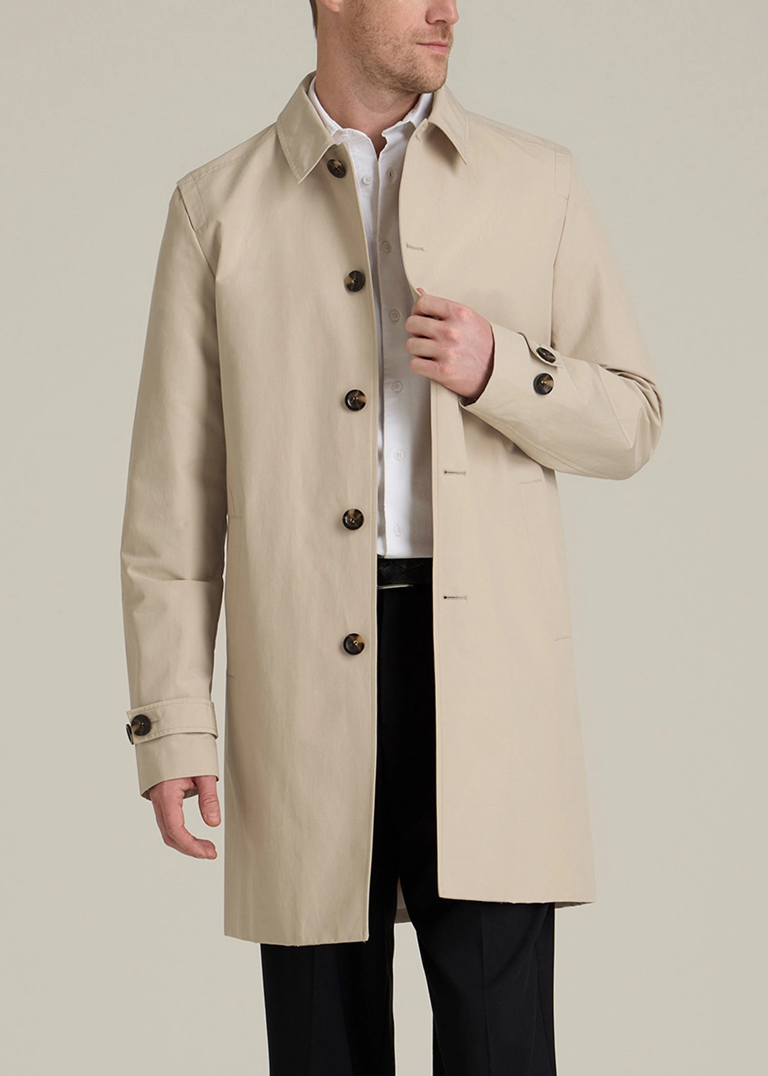AdjustableDrawcordHem Minimalist Trench Coat for Tall Men in Light Khaki