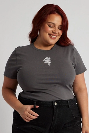 Effortless Design Grey Graphic T-shirt Short Sleeve Crew Neck Embroidered