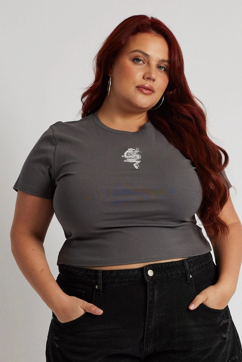 Grey Graphic T-shirt Short Sleeve Crew Neck Embroidered Bold Comfort