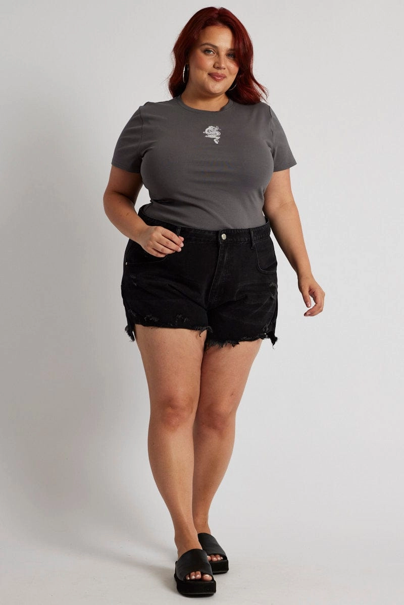 Comfortable Wear Grey Graphic T-shirt Short Sleeve Crew Neck Embroidered
