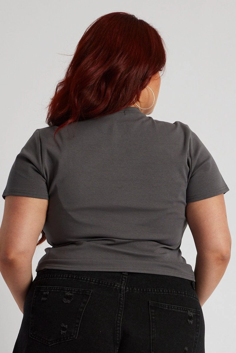 Grey Graphic T-shirt Short Sleeve Crew Neck Embroidered Playful Prints