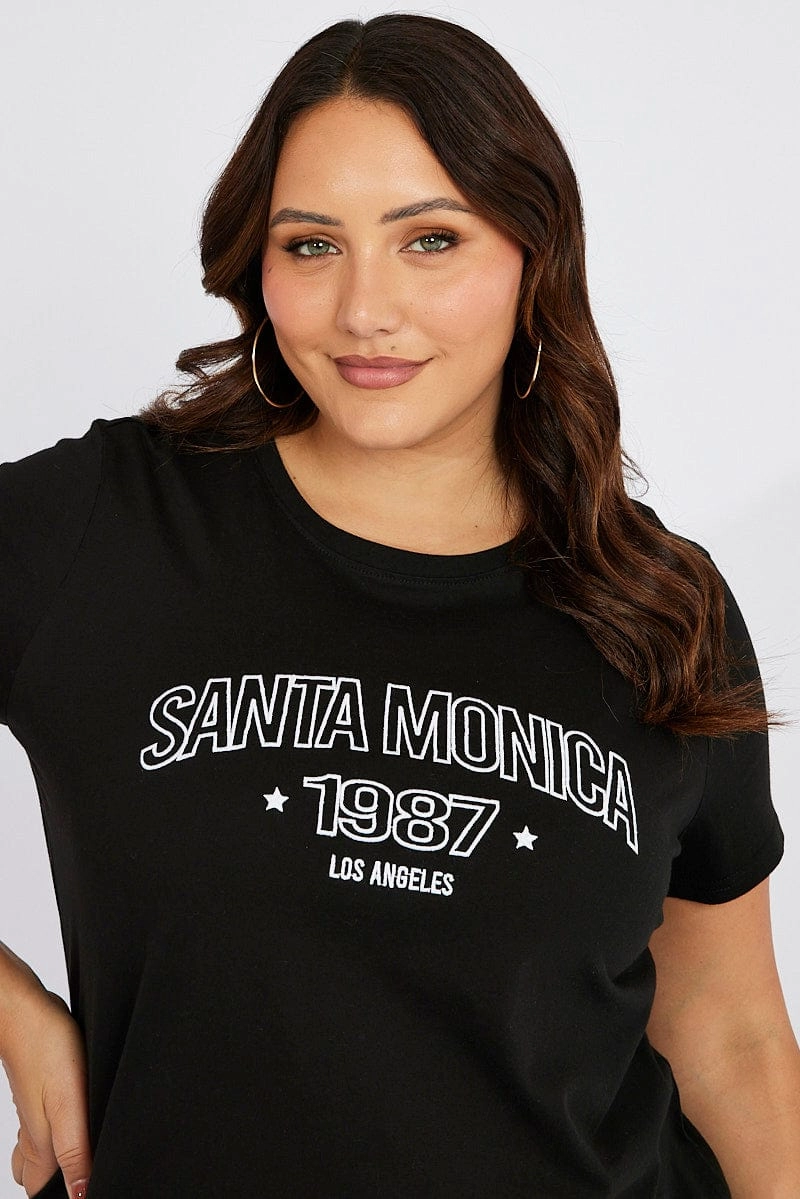 Seam Free Shoulders Black Graphic T-shirt Short Sleeve Crew Neck