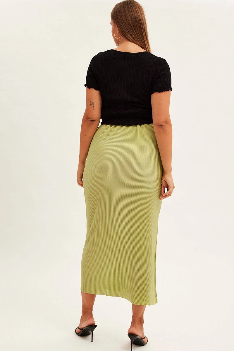 Bold Print Foldable Design Green Midi Skirt Midi Split