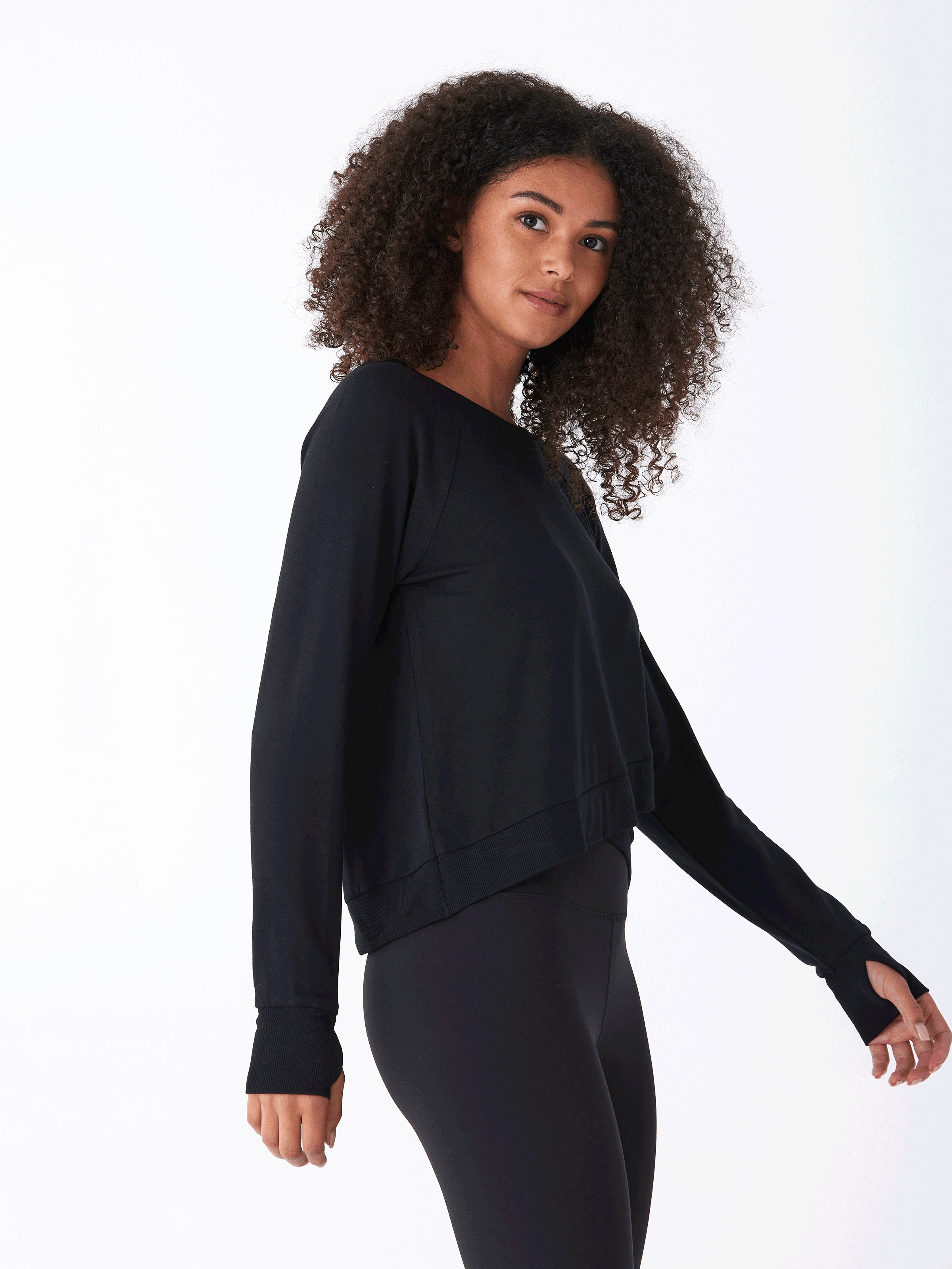 Halle Feather Fleece Crossover Hem Top Buttery Soft Handfeel