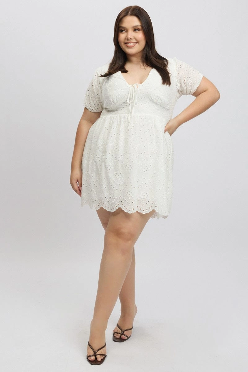 White Tie Front Eyelet Lace Minidress Casual Style Wear