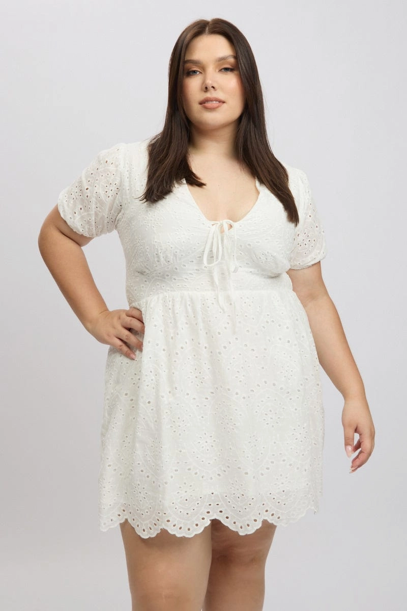 Smooth-Finish Smooth Texture White Tie Front Eyelet Lace Minidress