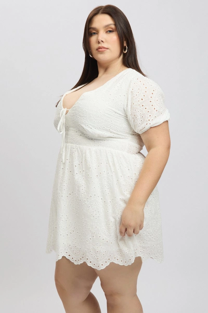 Easy Draping White Tie Front Eyelet Lace Minidress