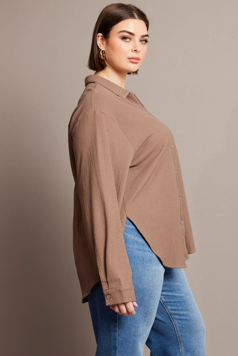 Brown Relaxed Shirt Long Sleeve Textured Polished Style Regular Fit