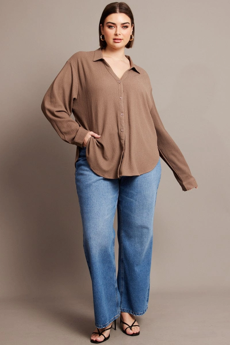 Brown Relaxed Shirt Long Sleeve Textured Premium Finish Comfortable Layer