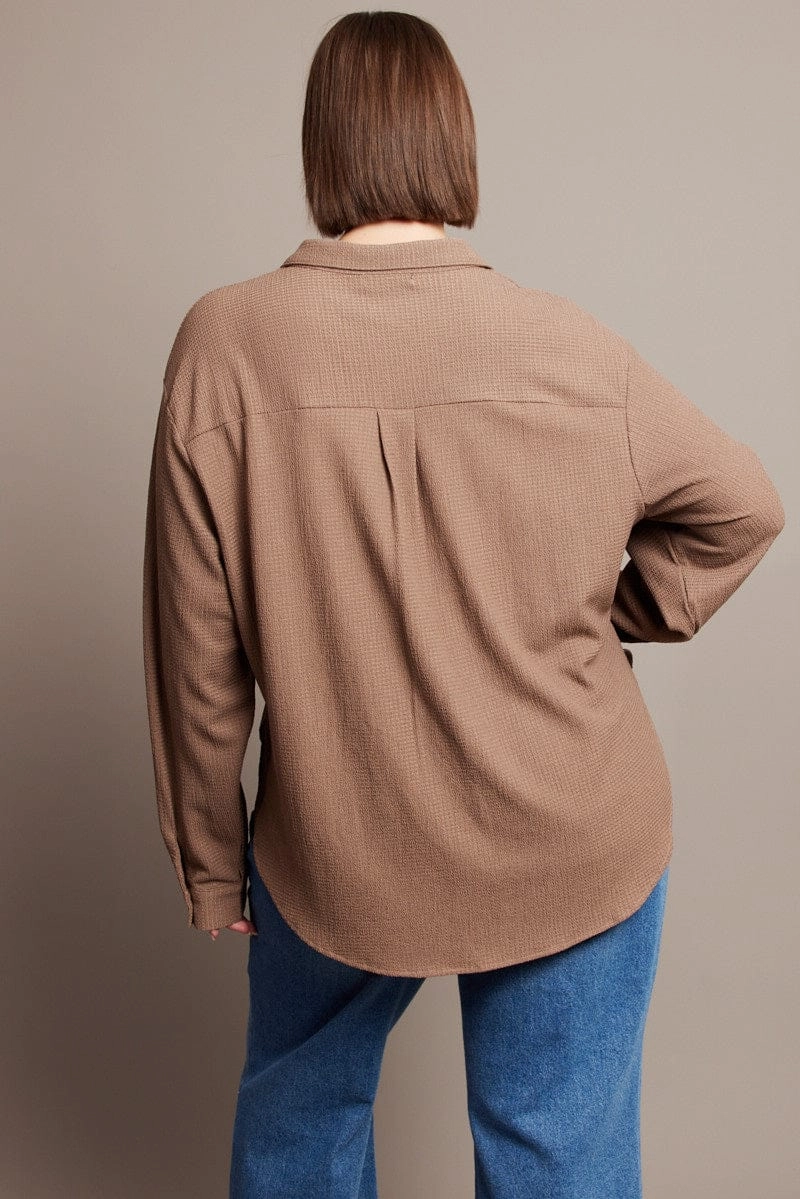 Casual Fit Versatile Fit Brown Relaxed Shirt Long Sleeve Textured