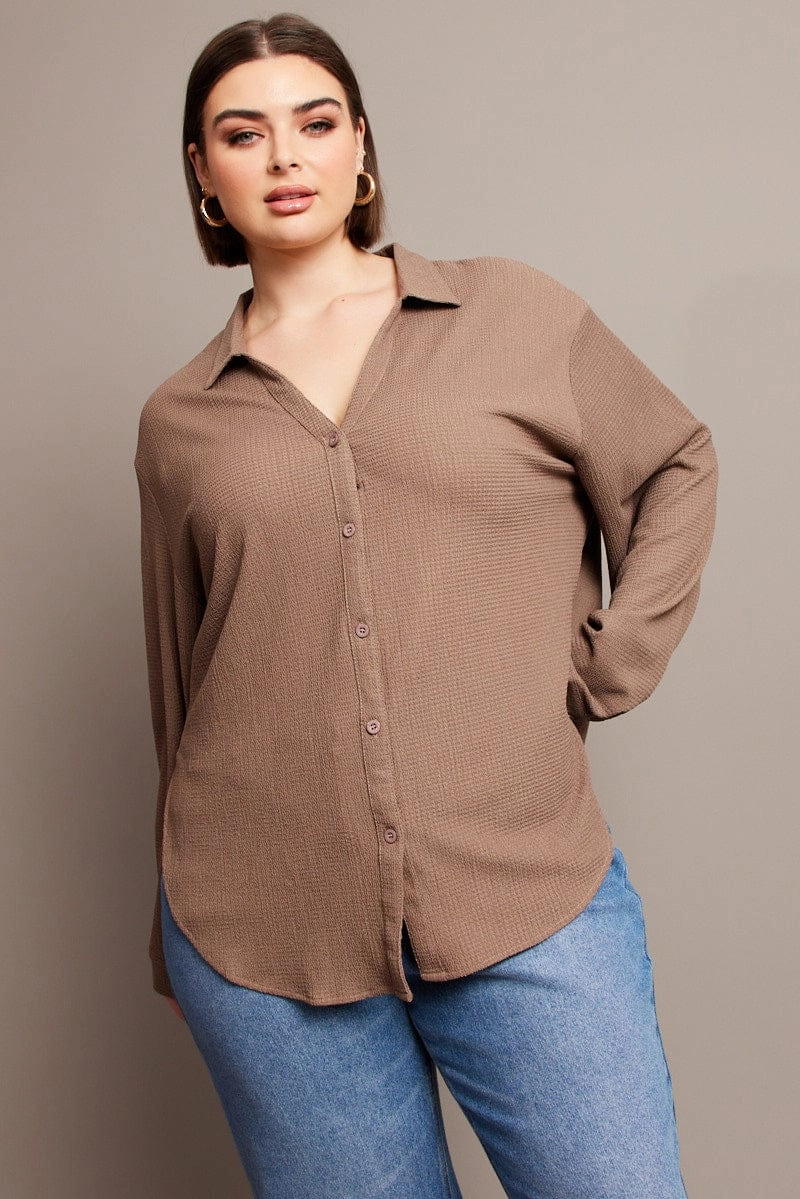 Brown Relaxed Shirt Long Sleeve Textured Sustainable Dye Process Sporty Comfort