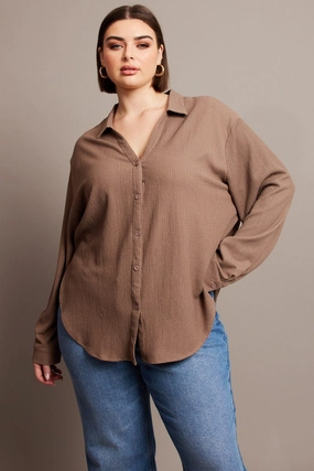 Essential Piece Brown Relaxed Shirt Long Sleeve Textured